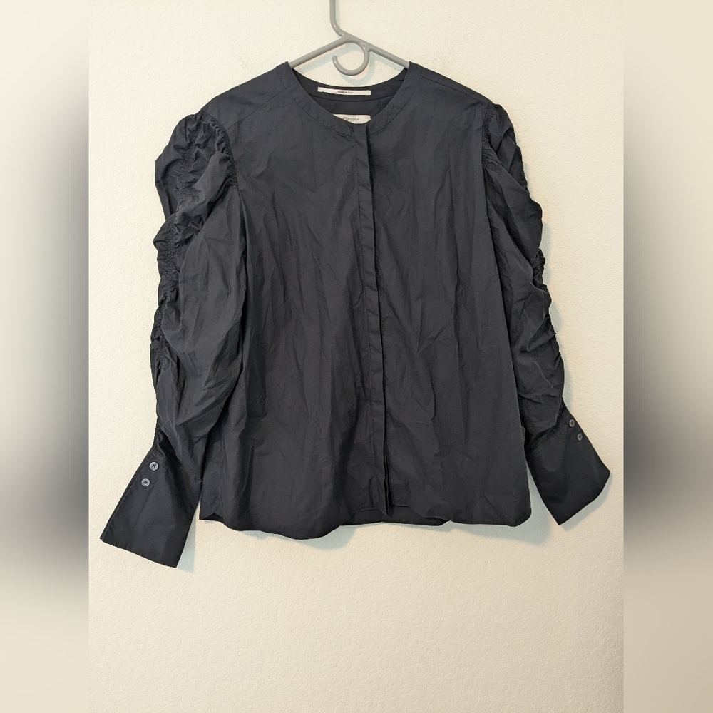 Another Tomorrow Navy Blue Poplin Cotton Shirred Puff Sleeve Button-Up Blouse XL - Picture 6 of 12
